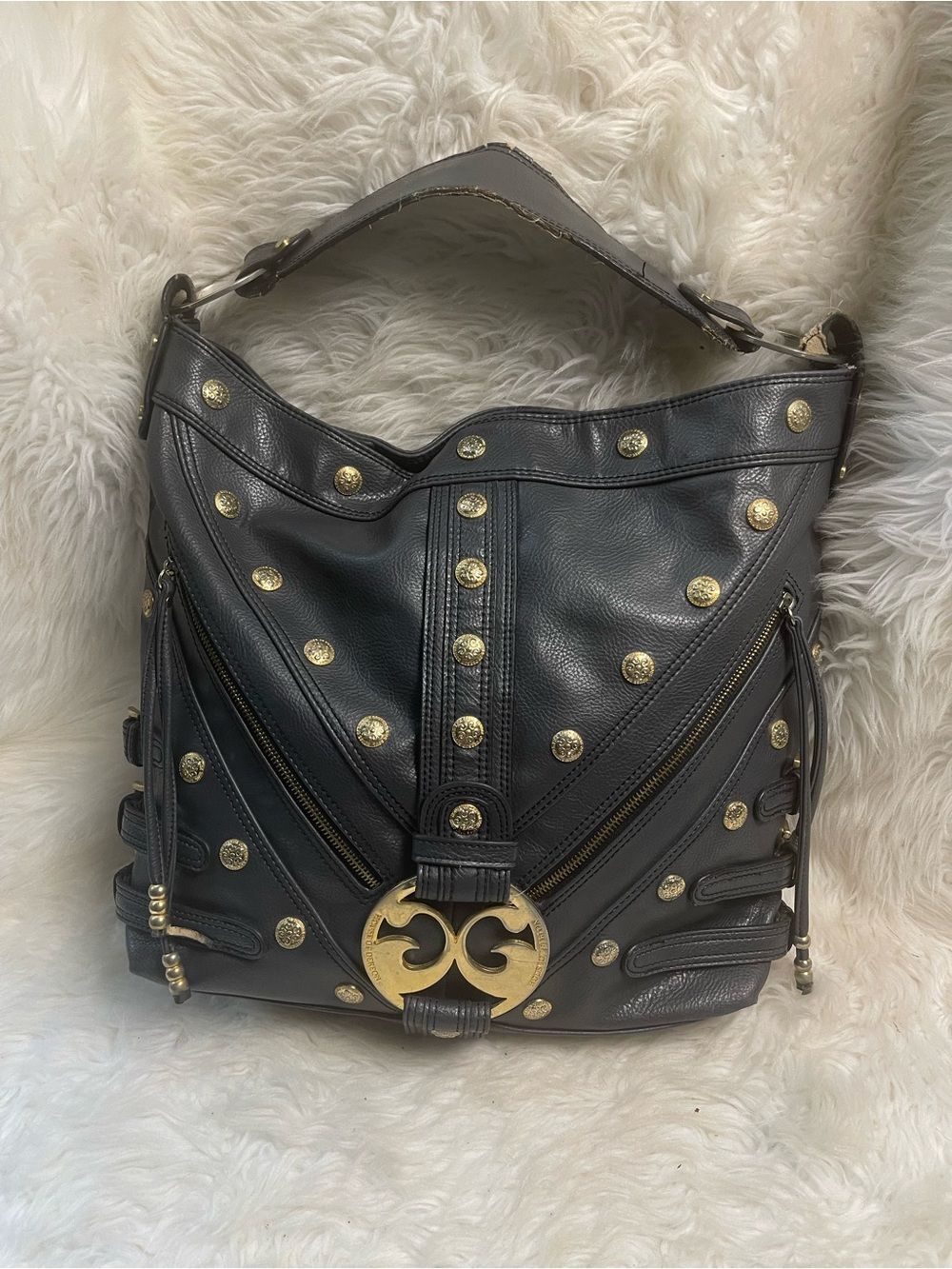 House of Deréon Synthetic dark Gray XL Shoulder Bag with Gold Stud Accents.